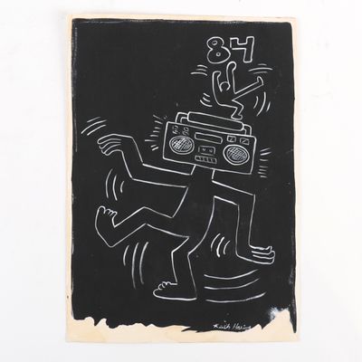 un dessin en noir et blanc représentant un homme avec un radiocassette sur la tête