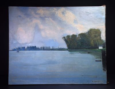 peinture d'un bateau sur l'eau sur fond de ciel