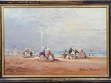 an oil painting of a beach scene with people and horses