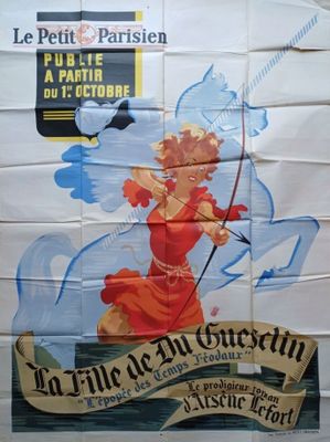 affiche française représentant une femme en robe rouge tenant un arc et une flèche
