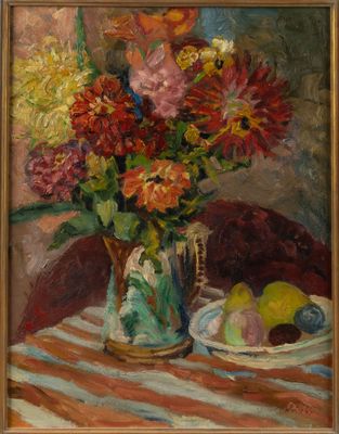 painting of flowers in a vase on a table with a plate of fruit