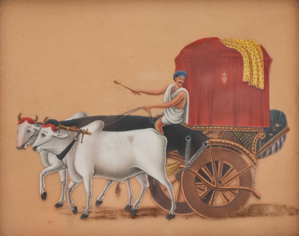 Inde. Fixé sous verre représentant un attelage à deux vaches tira...