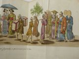 a drawing of a group of people with umbrellas