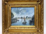 an oil painting of boats on a river with a bridge in the background