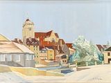 une peinture représentant une ville avec une tour horloge en arrière-plan