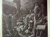 an old black and white painting of a group of people in a cave