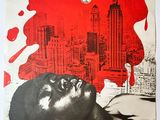 a poster of a man laying on top of a bed with blood on it