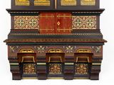 an image of a wooden cabinet with four stools in front of it