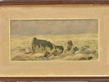 une image représentant un tableau où l'on voit une vache couchée dans le désert