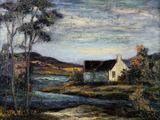 an image of a painting of a house by a river