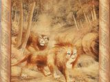 painting of two lions running in a wooded area with trees in the background