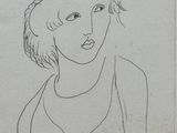 drawing of a woman with a feathered hat on her head