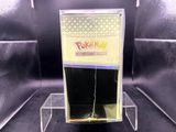 a display case with a chain attached to it