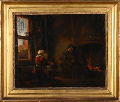 une peinture à l'huile représentant un homme et une femme assis devant une cheminée