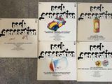 four posters of rock generation on the floor of a building
