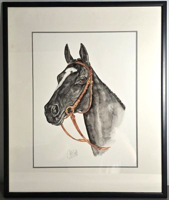 tableau représentant un cheval noir avec une bride sur la tête