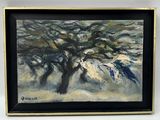 an oil painting of a tree with clothes hanging from it ' s branches