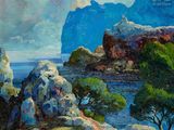 une peinture à l'huile représentant un paysage rocheux avec des arbres et des rochers