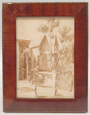 painting of a church in a wood frame on a white background