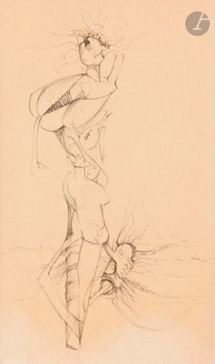 dessin représentant une femme en robe, avec un éventail sur la tête