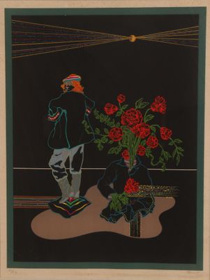une image représentant un tableau où l'on voit un homme debout à côté d'un vase de fleurs