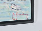 a painting of a group of ducks floating in the water