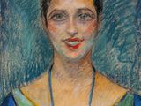 a painting of a woman in a green dress with a blue necklace