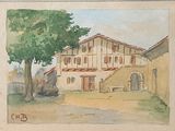 a watercolor painting of a building with a tree in front of it