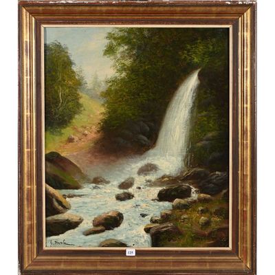 une peinture représentant une cascade dans une forêt, avec des rochers et des arbres