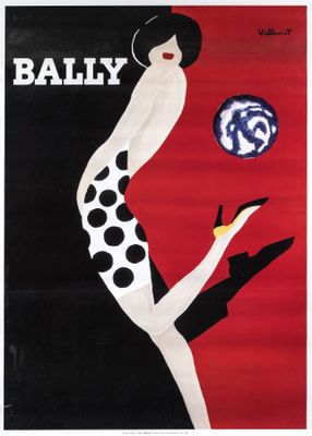 a vintage poster of a woman in a polka dot dress and high heels