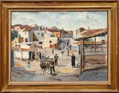 an oil painting of a village scene with a horse drawn carriage