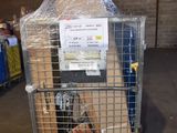 a cart full of boxes in a warehouse with a sign on it