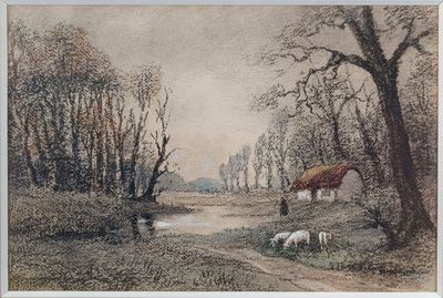 une image d'une peinture de vaches dans un champ