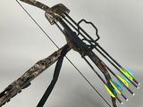 a close up of a bow with arrows attached to it