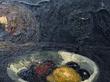 a painting of a bowl of fruit on a table
