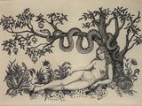 drawing of a naked woman sitting under a tree with a snake on it ' s back