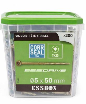 screws in a plastic container with a green lid on a white background