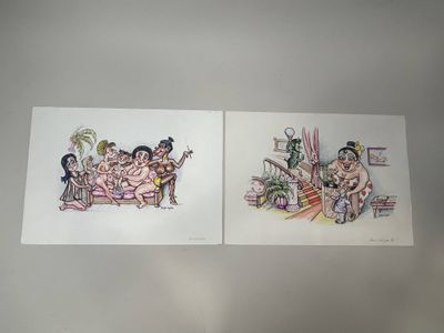 deux dessins représentant deux personnes assises sur un canapé