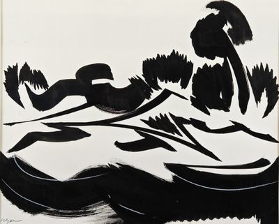 dessin en noir et blanc représentant un homme dans un bateau sur un plan d'eau