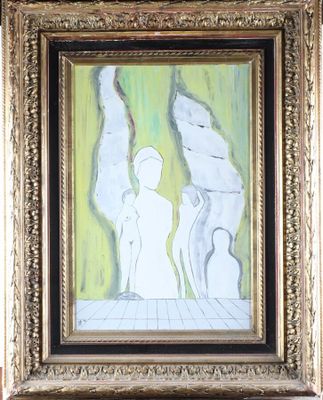 tableau encadré représentant un homme et une femme debout devant un fond vert