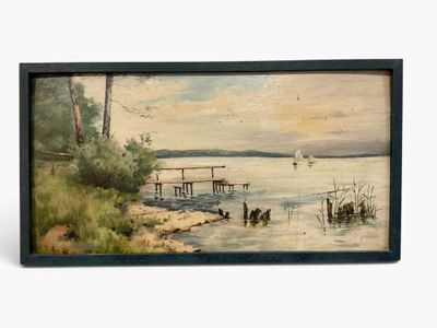 painting of a boat on a body of water near a dock