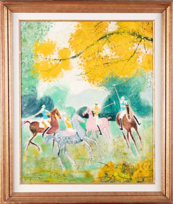 une peinture représentant un groupe de personnes à cheval dans un champ