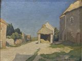une peinture à l'huile représentant une grange et une route dans un décor champêtre