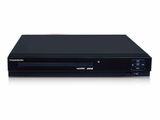 a black dvd player sitting on top of a white surface