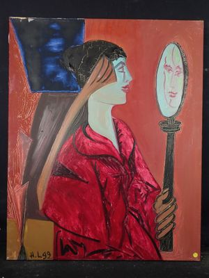 tableau représentant une femme tenant un miroir devant son visage