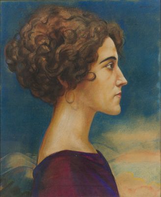 un tableau représentant une femme aux cheveux bouclés, vêtue d'une robe violette