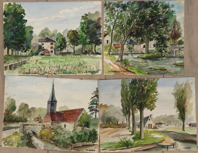 quatre aquarelles représentant un paysage champêtre avec une église, une rivière et des arbres