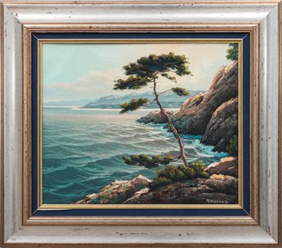 an oil painting of a lone tree on the edge of a cliff
