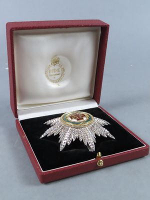 a close up of a box with a brooch in it