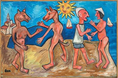 painting of three men and a dog on a beach with a sun in the background